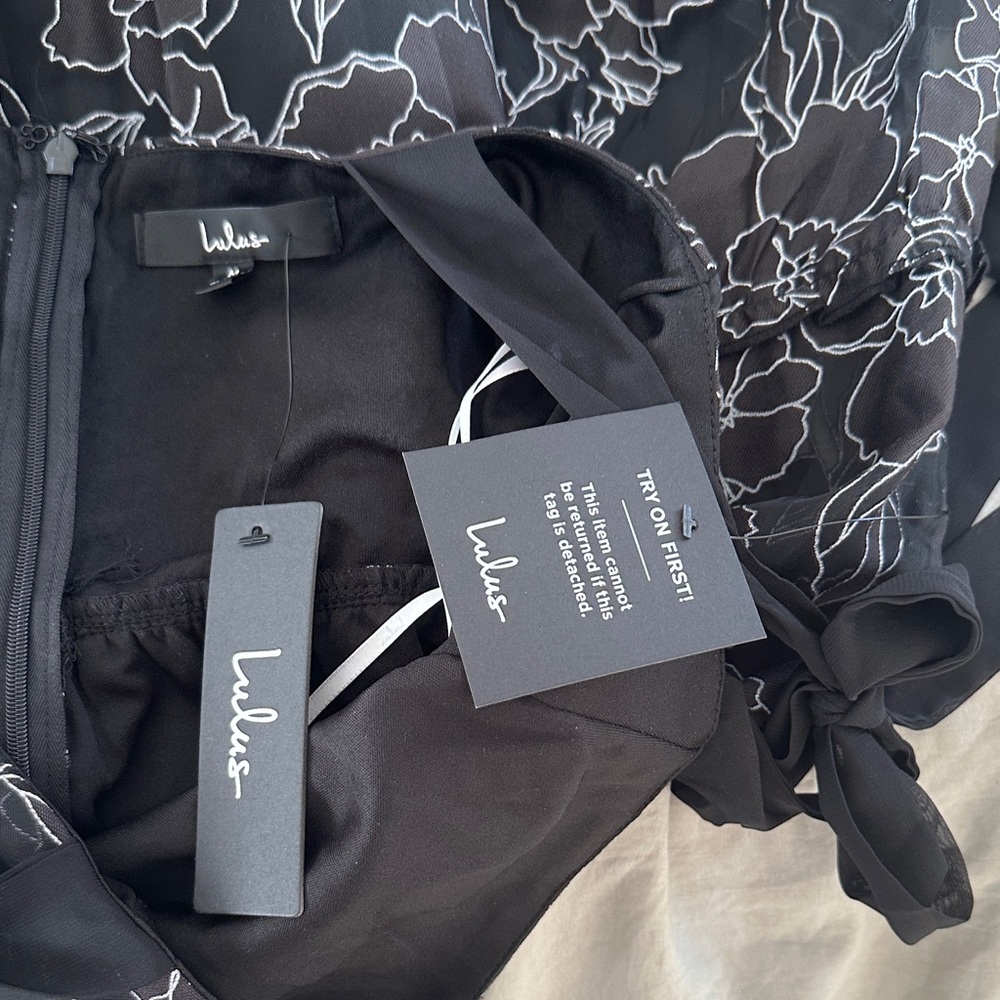 Lulu's Black Midi Dress with White Floral Embroidery and Tie Shoulders - Picture 12 of 13